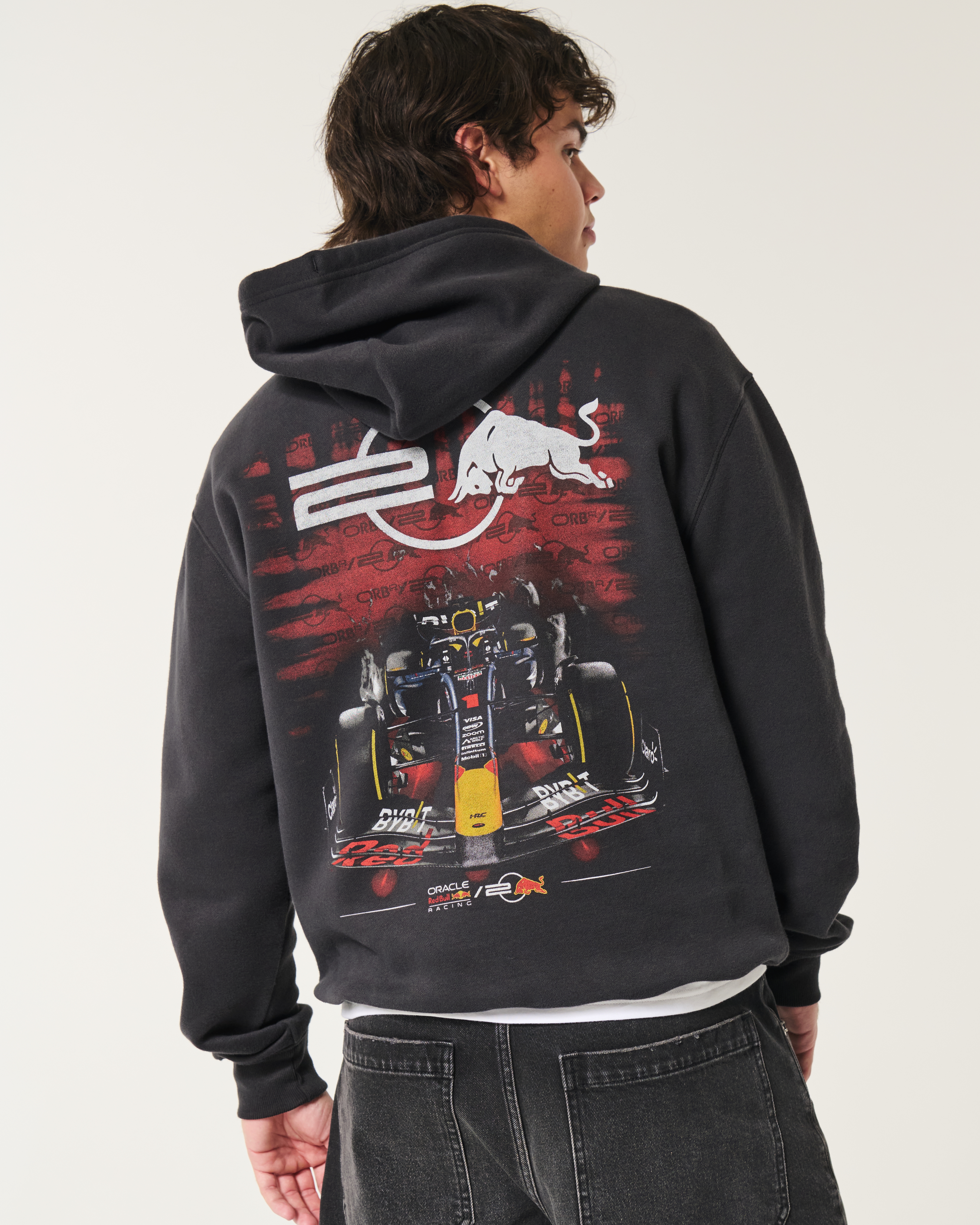 Men s Relaxed Oracle Red Bull Racing Graphic Hoodie in Black Red Bull Size M from Hollister