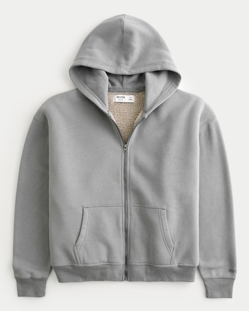 Boxy Faux Shearling-Lined Zip-Up Hoodie