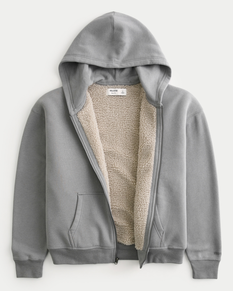 Boxy Faux Shearling-Lined Zip-Up Hoodie