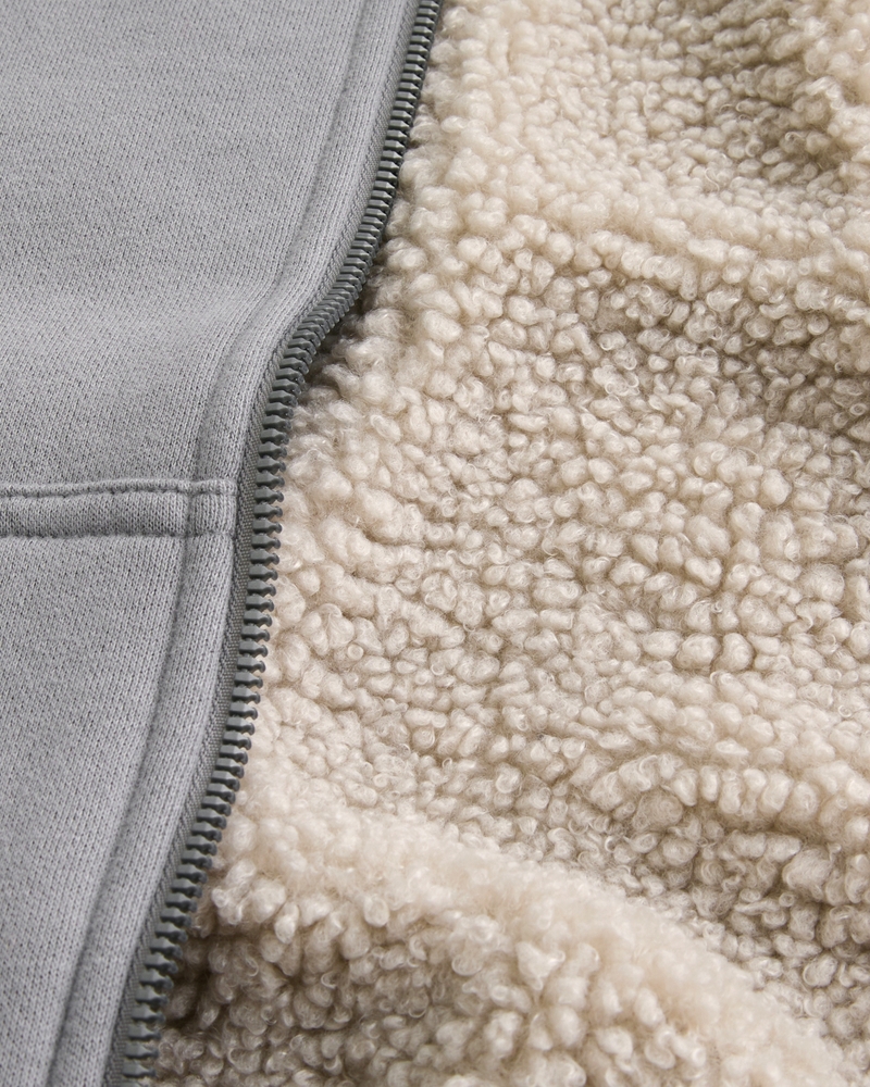 Boxy Faux Shearling-Lined Zip-Up Hoodie
