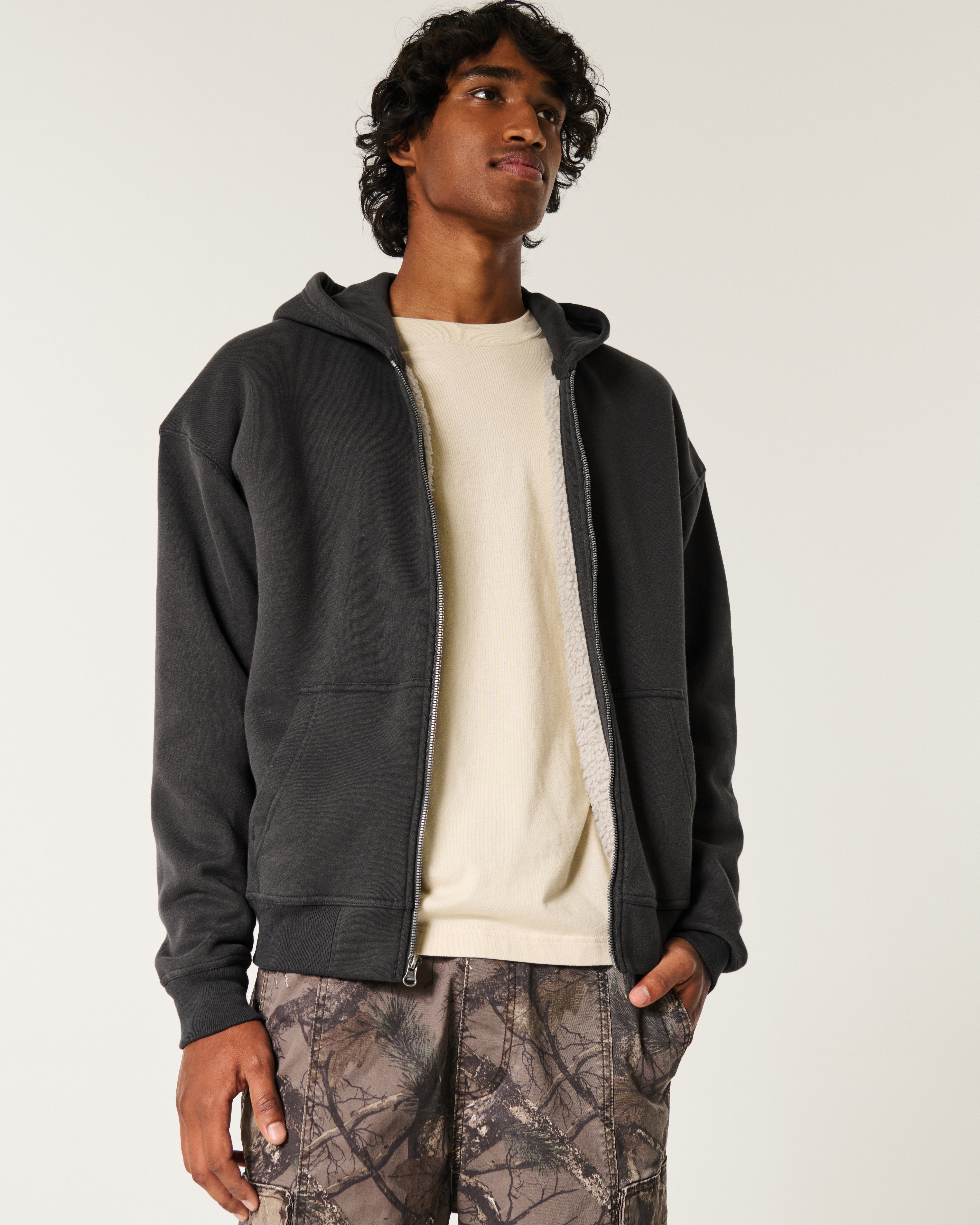 Boxy Faux Shearling-Lined Zip-Up Hoodie