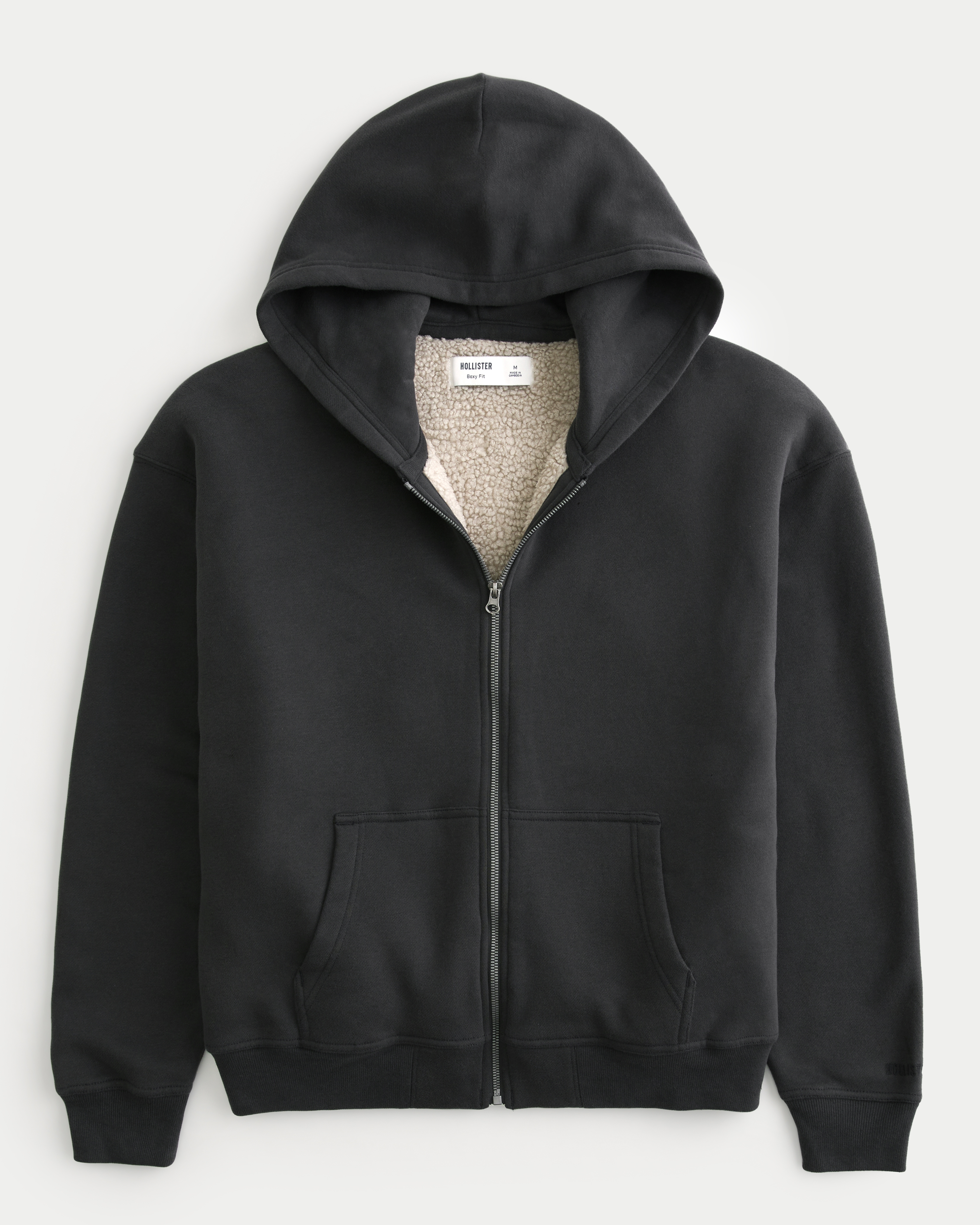 Boxy Faux Shearling-Lined Zip-Up Hoodie