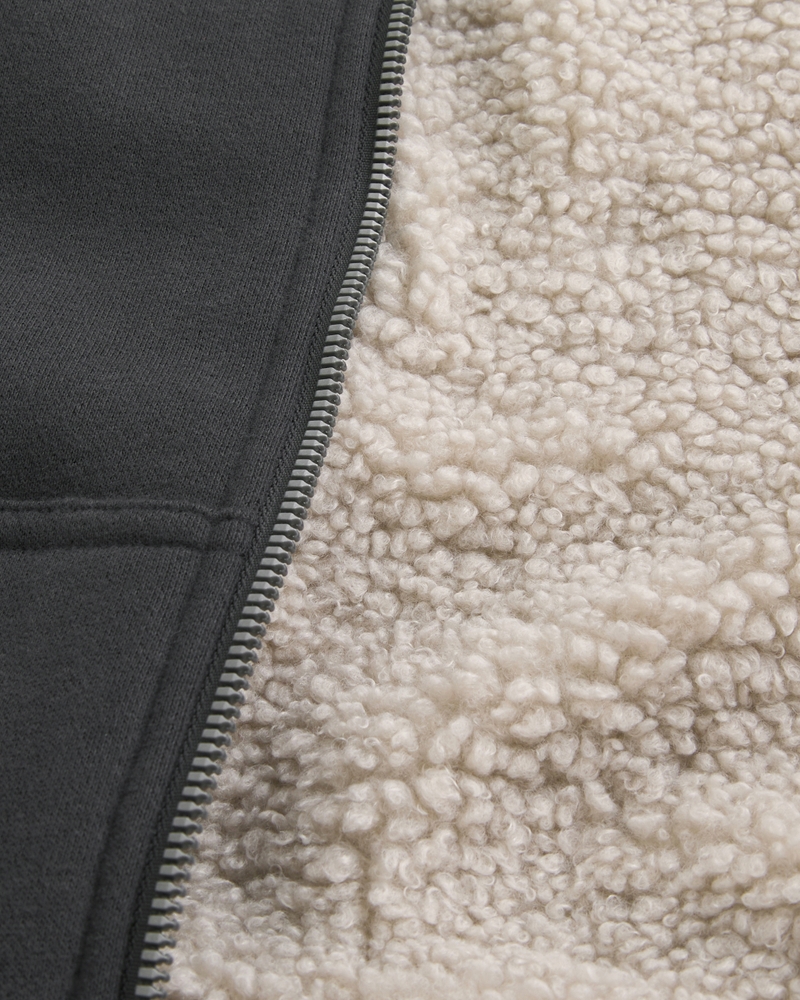 Boxy Faux Shearling-Lined Zip-Up Hoodie