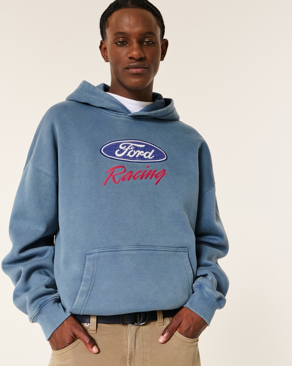 Boxy Ford Racing Graphic Hoodie, Light Blue Pattern