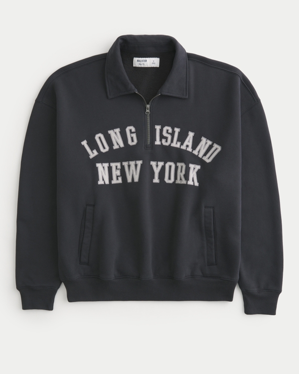 Boxy Half-Zip Long Island New York Graphic Sweatshirt, Faded Black view 1