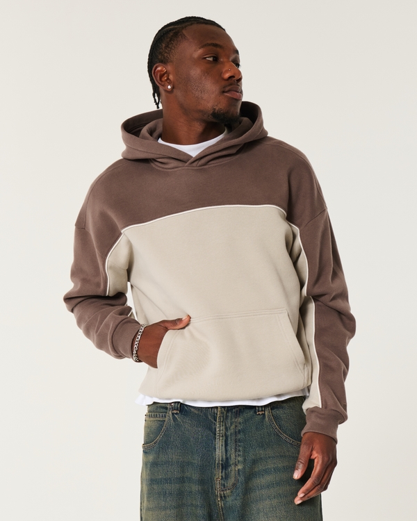 Boxy Colorblock Hoodie, Brown And Tan