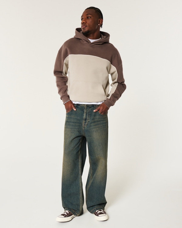 Boxy Colorblock Hoodie, Brown And Tan view 2