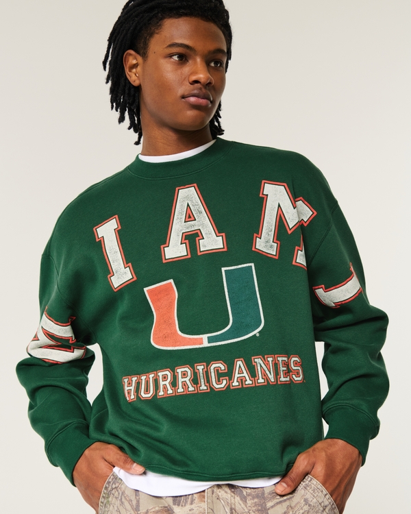 Boxy University of Miami Hurricanes Graphic Crew Sweatshirt, Dark Green - Miami view 1