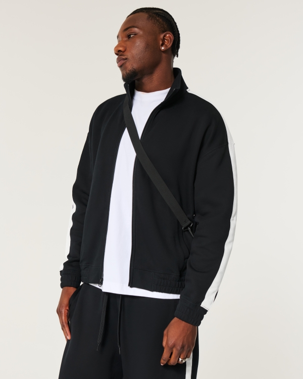 Boxy Fleece Track Jacket, Black