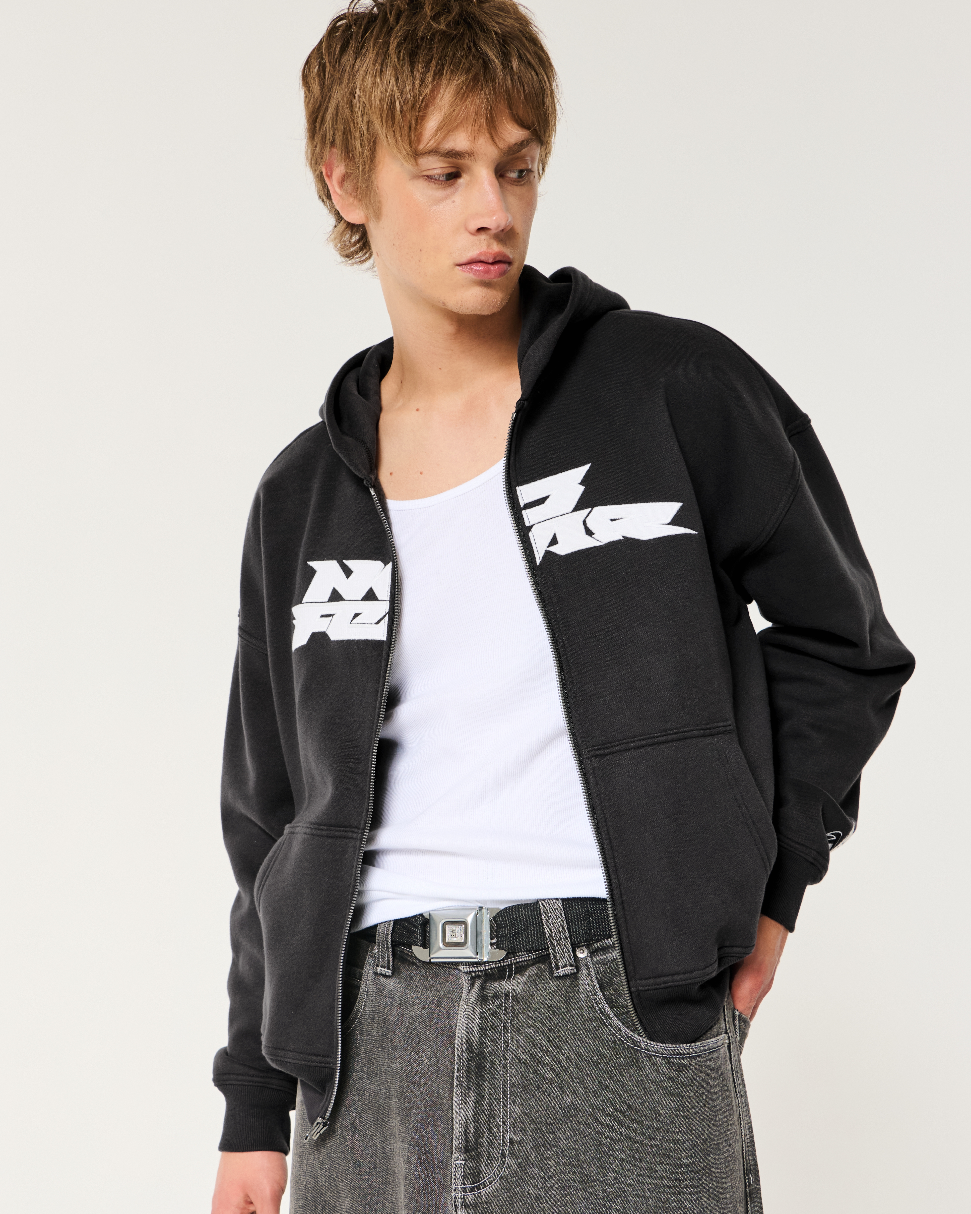 Boxy No Fear Graphic Zip-Up Hoodie