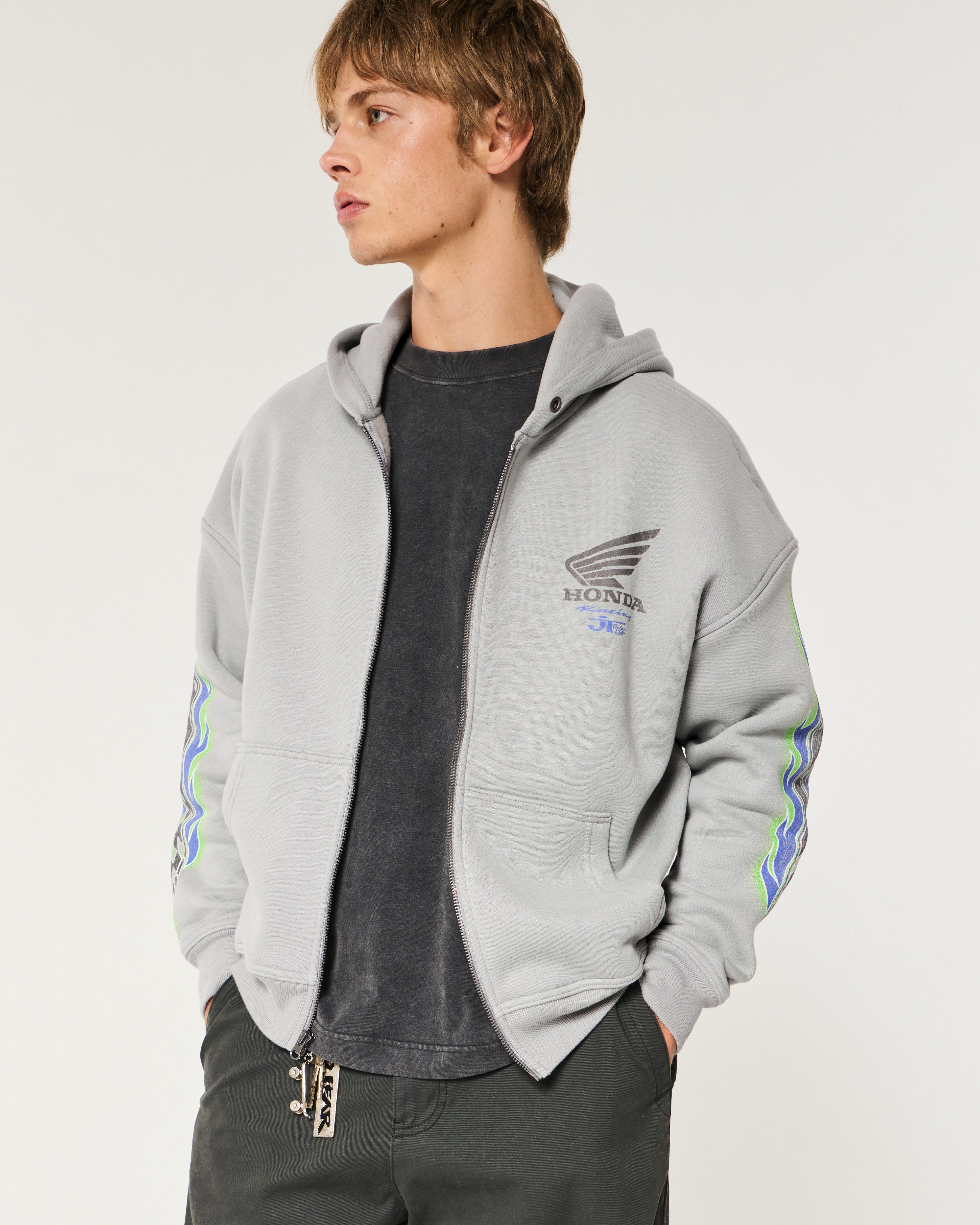 Boxy Honda Racing Graphic Zip-Up Hoodie