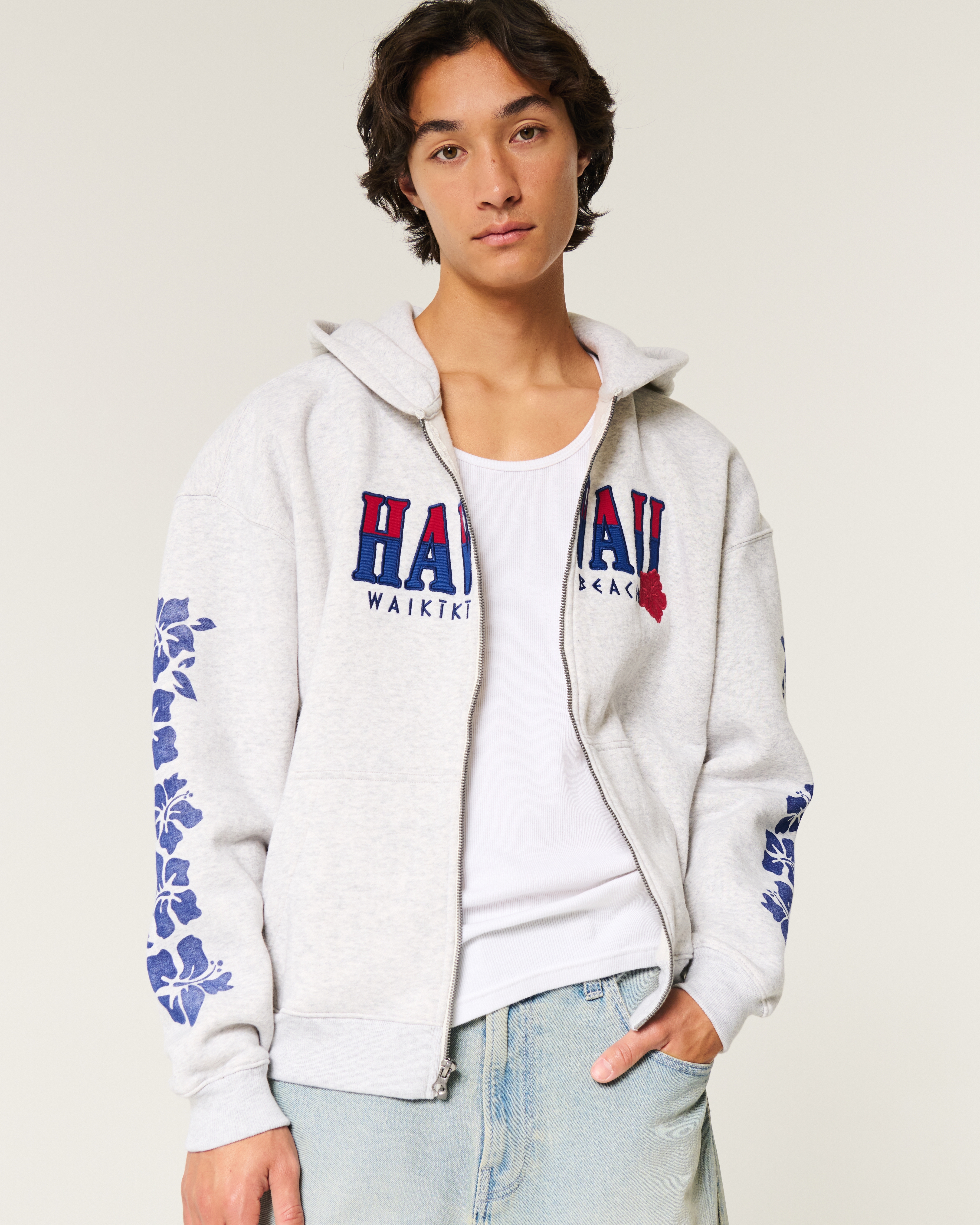 Boxy Waikiki Hawaii Graphic Zip-Up Hoodie