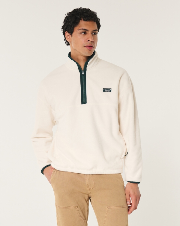 Boxy Thermal Fleece Quarter-Zip Logo Sweatshirt, Cream