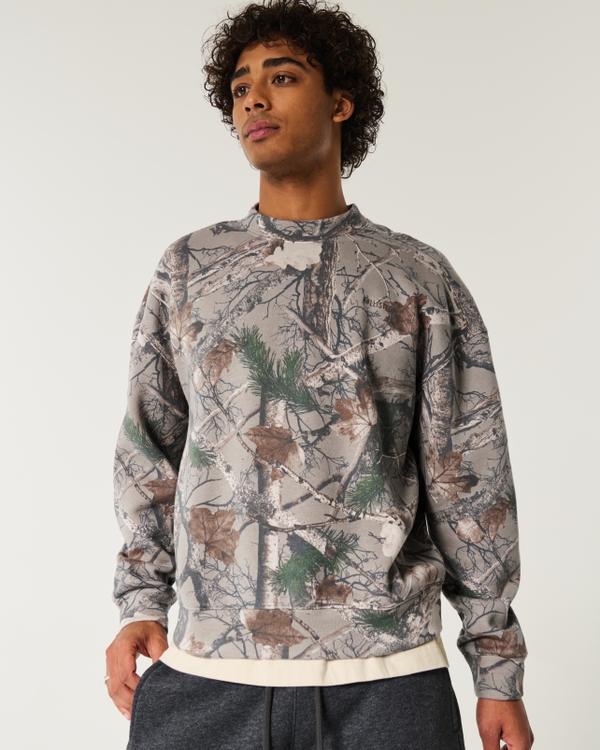 Boxy Camo Logo Crew Sweatshirt, Light Brown Camo view 1