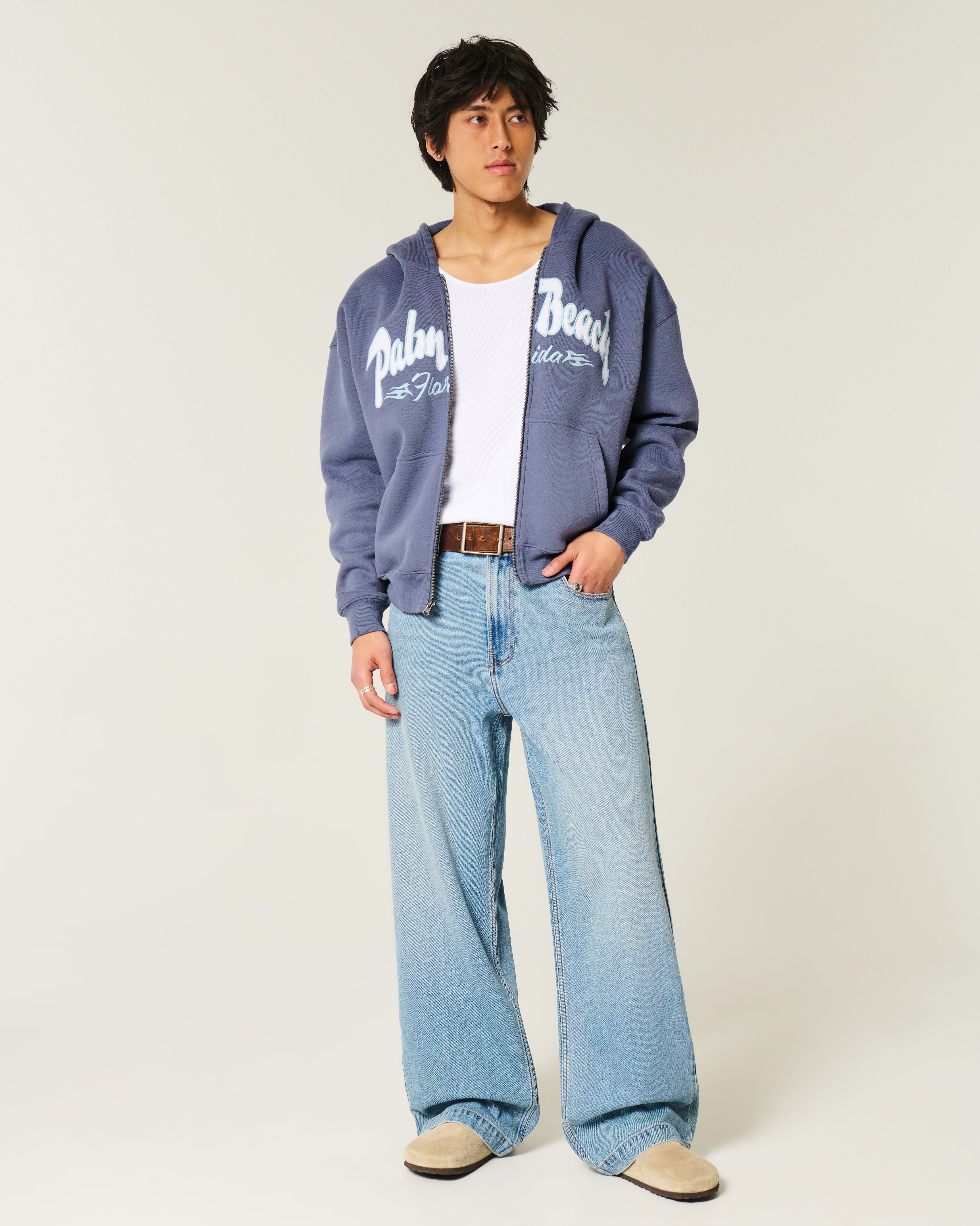 Boxy Zip-Up Palm Beach Graphic Sweatshirt
