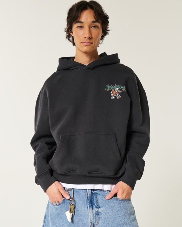 Boxy University of Miami Graphic Hoodie, Black - Um view 2