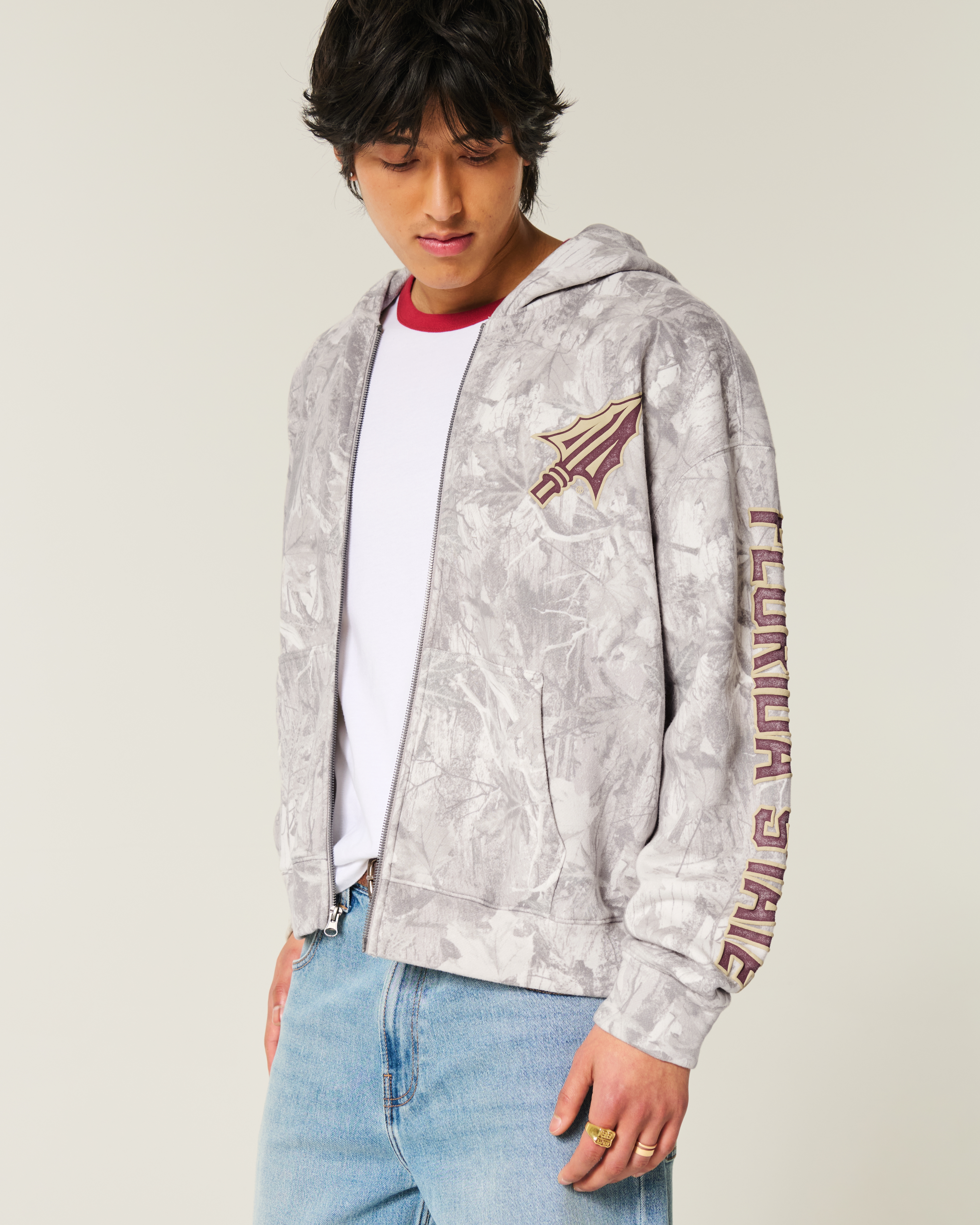 Boxy Zip-Up Florida State University Graphic Camo Hoodie