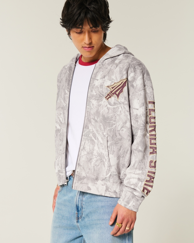 Boxy Zip-Up Florida State University Graphic Camo Hoodie