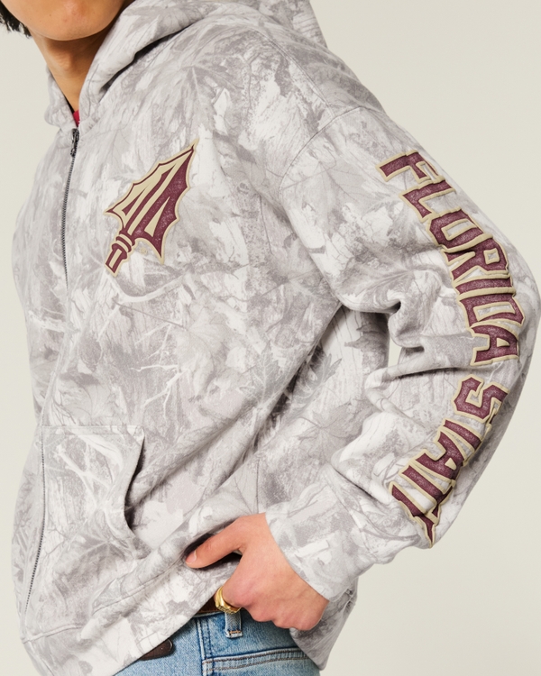 Boxy Zip-Up Florida State University Graphic Camo Hoodie