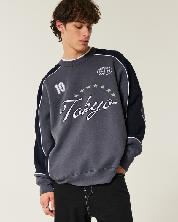 Baggy Tokyo Graphic Crew Sweatshirt, Black And Dark Gray view 1