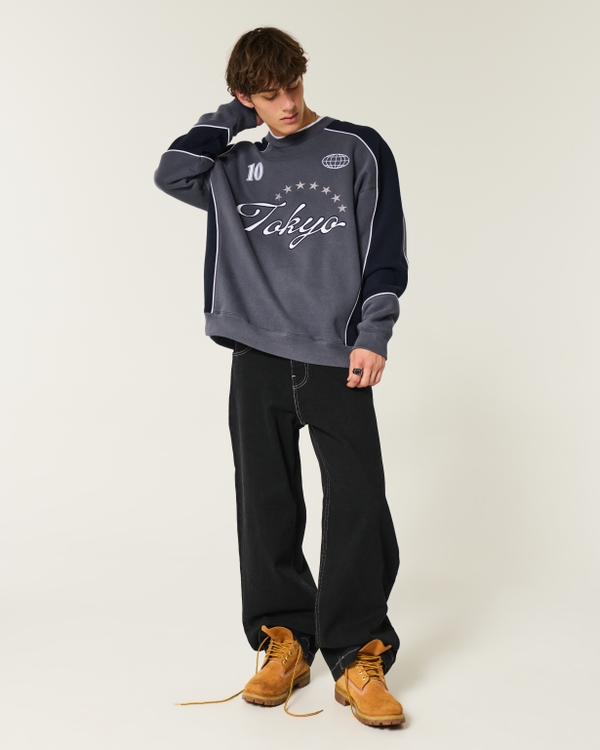 Baggy Tokyo Graphic Crew Sweatshirt, Black And Dark Gray view 2