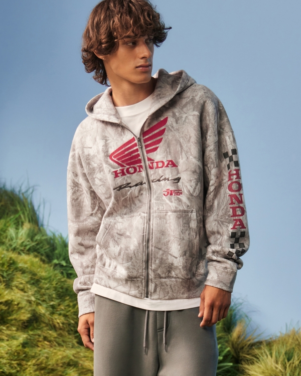 Boxy Honda Racing Graphic Zip-Up Hoodie, Cream Camo view 1