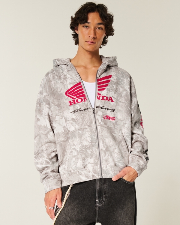 Boxy Honda Racing Graphic Zip-Up Hoodie, Cream Camo view 1