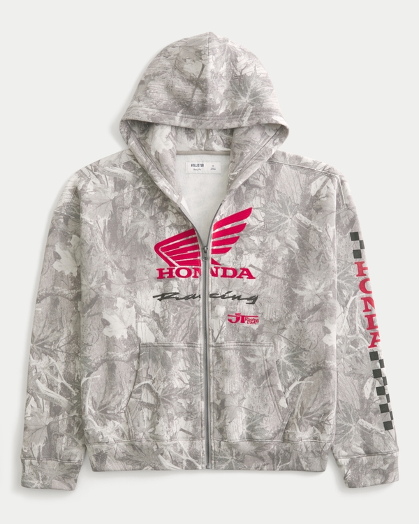 Boxy Honda Racing Graphic Zip-Up Hoodie, Cream Camo view 1