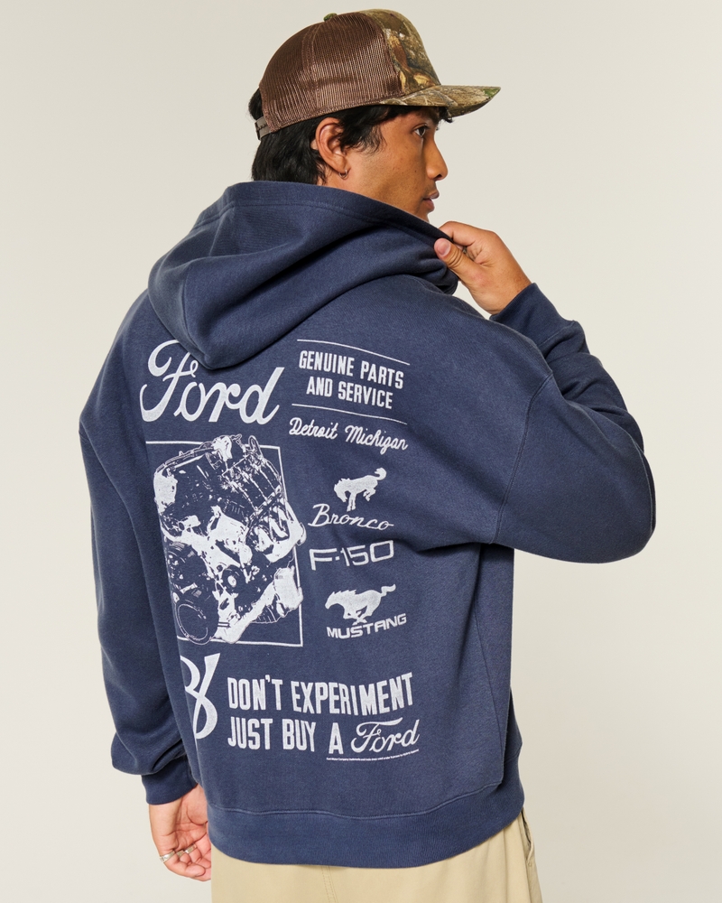 Boxy Ford Graphic Zip-Up Hoodie-washed navy