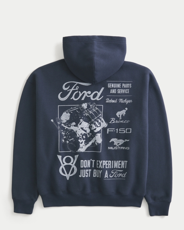 Boxy Ford Graphic Zip-Up Hoodie, Washed Navy view 1