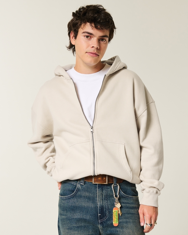 Boxy Zip-Up Hoodie, Washed Cream view 2