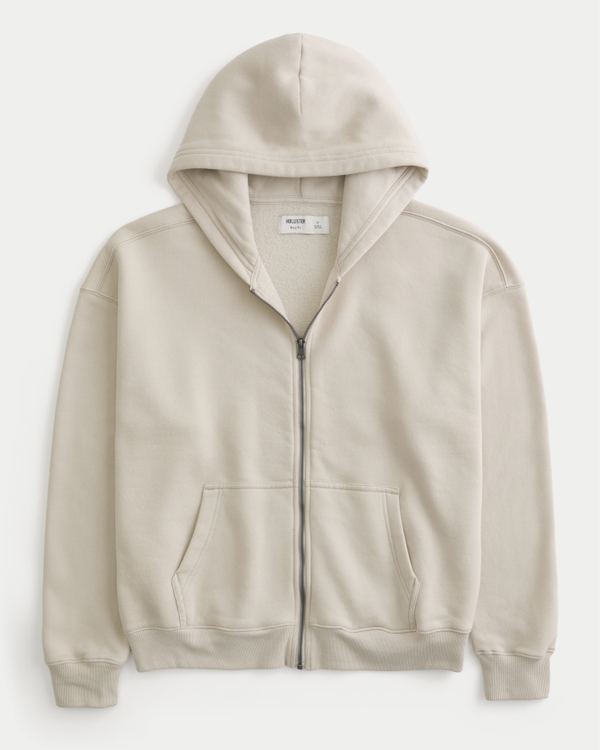 Boxy Zip-Up Hoodie, Washed Cream view 1