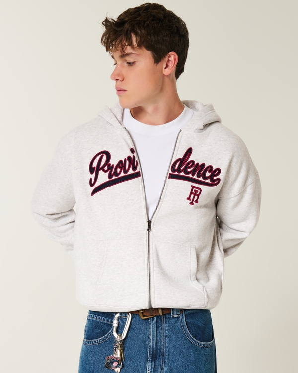 Boxy Providence Rhode Island Graphic Zip-Up Hoodie, Light Heather Gray view 1
