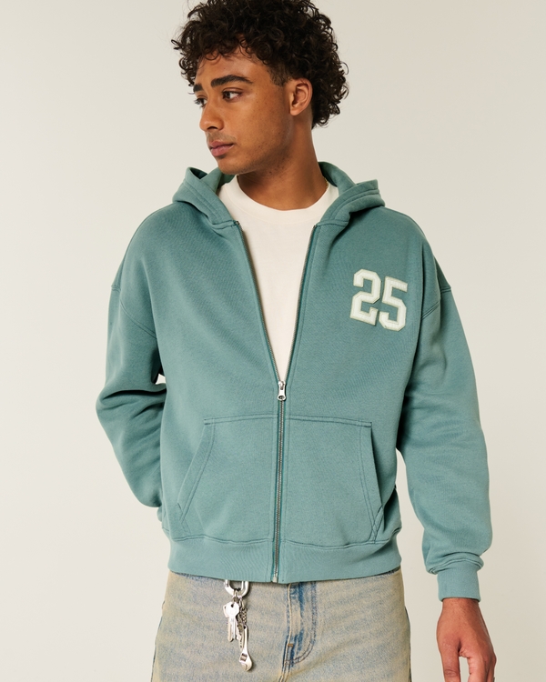 Boxy Number Graphic Zip-Up Hoodie, Faded Green view 1