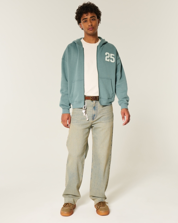 Boxy Number Graphic Zip-Up Hoodie, Faded Green view 2