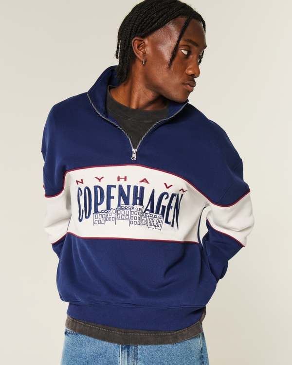 Boxy Quarter-Zip Copenhagen Graphic Sweatshirt, Navy view 1