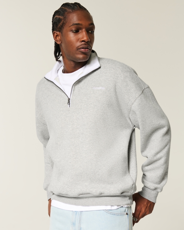 Sudadera de corte cuadrado con media cremallera y logo, Gris Jaspeado view 1