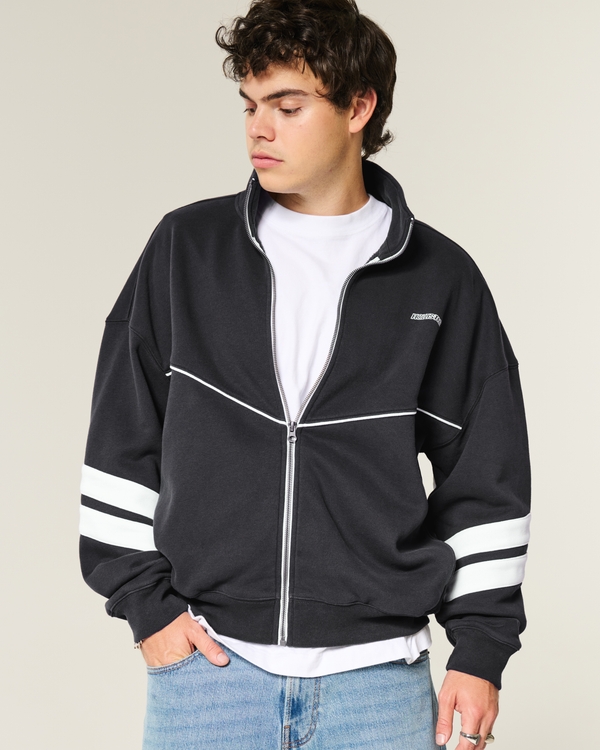 Sudadera de corte cuadrado con cremallera y logo, Negro view 1