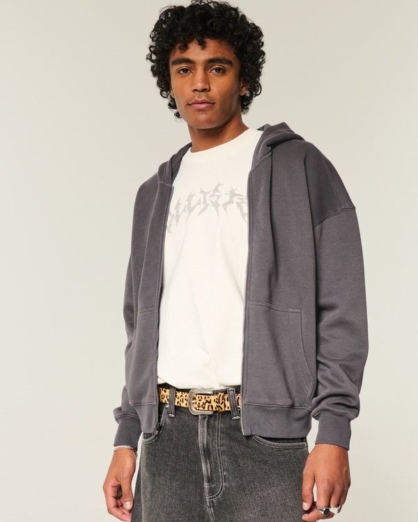 Boxy Zip-Up Hoodie, Charcoal Gray view 2