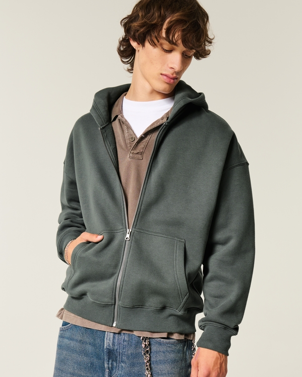 Boxy Zip-Up Hoodie, Shadow Green view 2