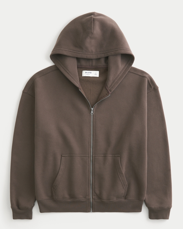 Boxy Zip-Up Hoodie, Dark Brown view 1