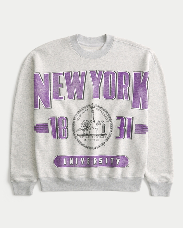 Boxy New York University Violets Graphic Crew Sweatshirt, Light Heather Gray view 1
