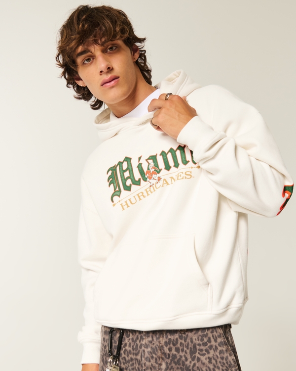 Boxy University of Miami Hurricanes Graphic Hoodie, Cream view 1