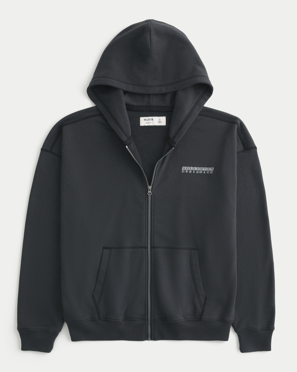 方正版型 Logo 拉鏈帽衫, Washed Black view 1