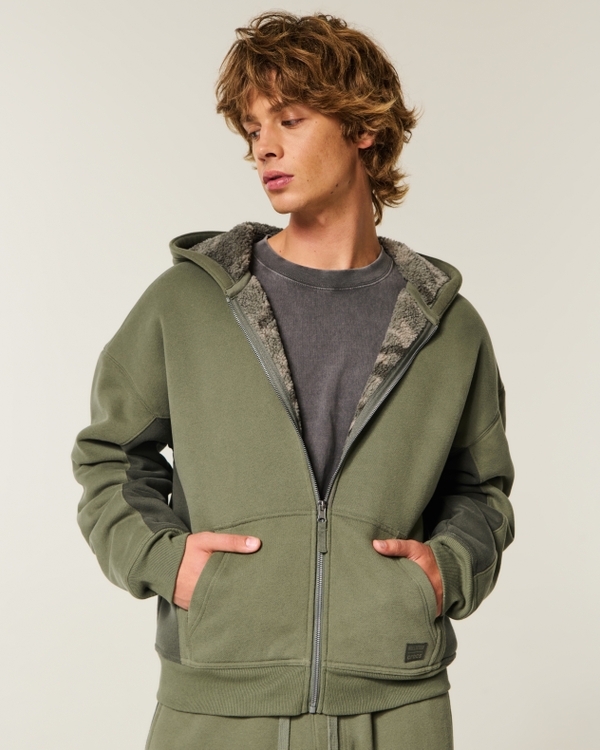 Hollister x Crocs Sherpa-Lined Zip-Up Hoodie, Dusty Olive view 2