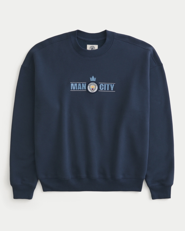 Boxy Manchester City FC Graphic Crew Sweatshirt, Navy Blue view 1