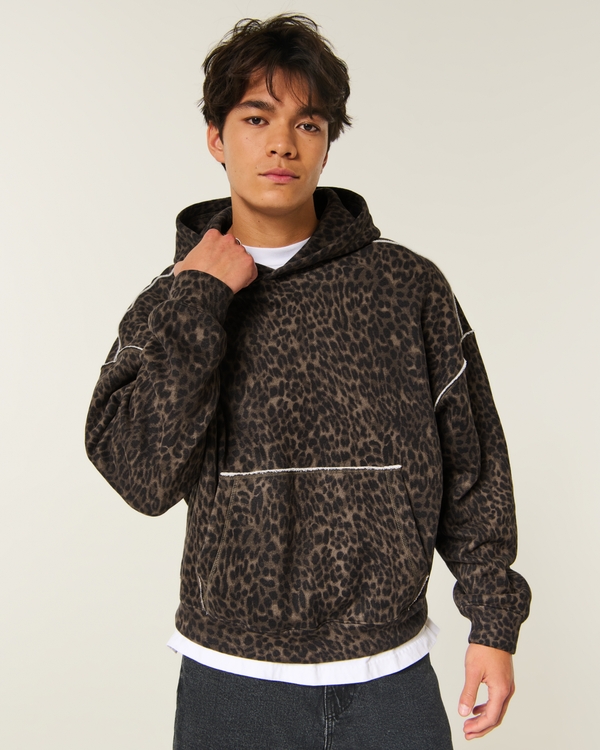 Baggy Cinch Leopard Print Hoodie, Dark Brown Print view 1