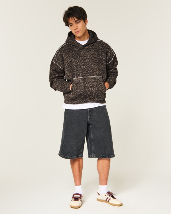 Baggy Cinch Leopard Print Hoodie, Dark Brown Print view 2