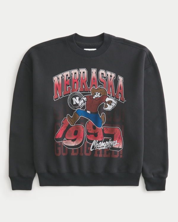 Boxy University of Nebraska Cornhuskers Graphic Crew Sweatshirt, Faded Black view 1
