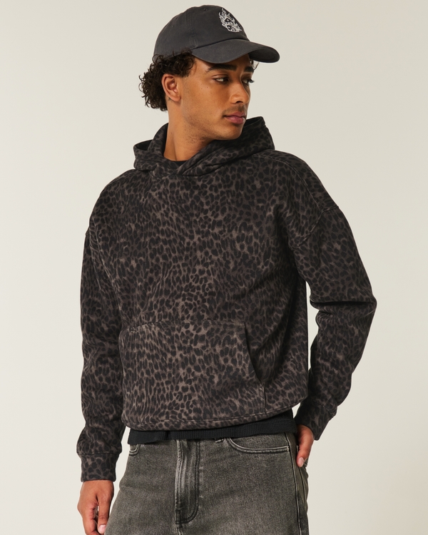 Boxy Leopard Print Hoodie, Dark Brown Print view 1